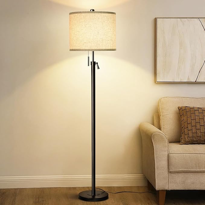 Adjustable Height Floor Lamp for Living Room, Black Standing Lamp for Bedroom Office, Modern Tall Lamp with Linen Shade, 3-Way Dimmable 8W 3000K LED Blub Included (Black) - Bloomnest