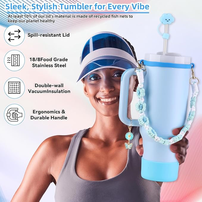 40 oz Tumbler Insulated Mug w/Straw & Flip Cap Lids - Cup Holder Bottle with 6 Accessories Set for Hot, Cold Drink - Leak-Proof - Water, Coffee Portable Travel Mug (Sky Blue) - Bloomnest