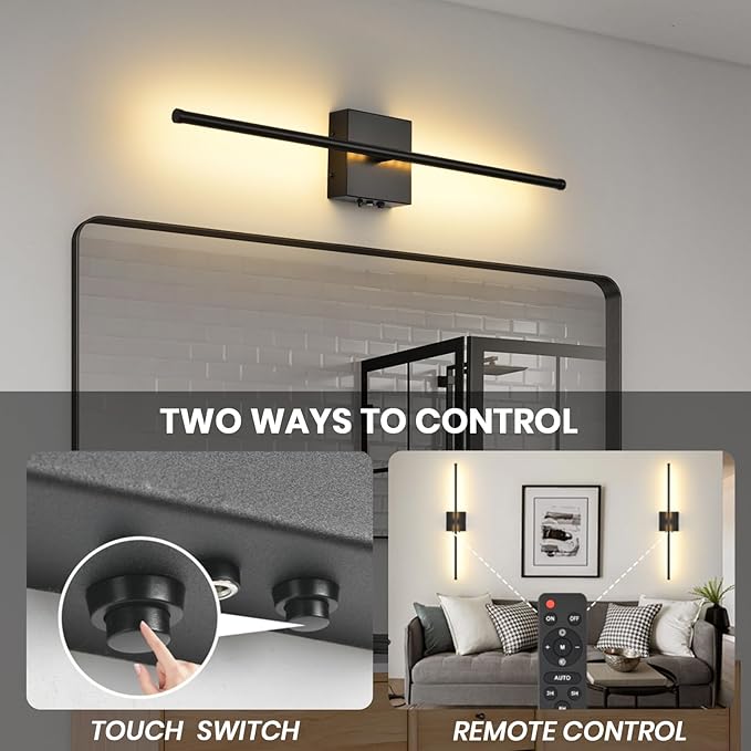 Battery Operated Wall Sconces with Remote Control, 11000mAh LED Wireless Rechargeable Black Wall Lights, 350°Rotate Dimmable Wall Lamp, 3 Color Temperatures, for Bedroom, Living Room, Hallway, 2 PCS - Bloomnest