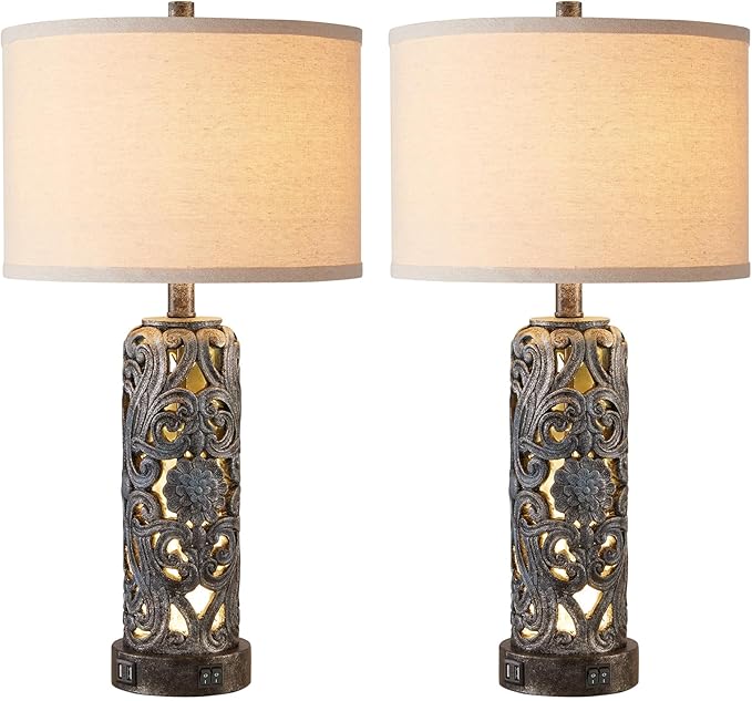 RORIANO 25'' Set of 2 Rustic Table Lamp for Bedroom Living Room with 2 USB Ports, Farmhouse Vintage Resin Nightstand Lamp with Nightlight, Antique Retro Desk Lamp for Entryway, 2 Bulbs Included - Bloomnest