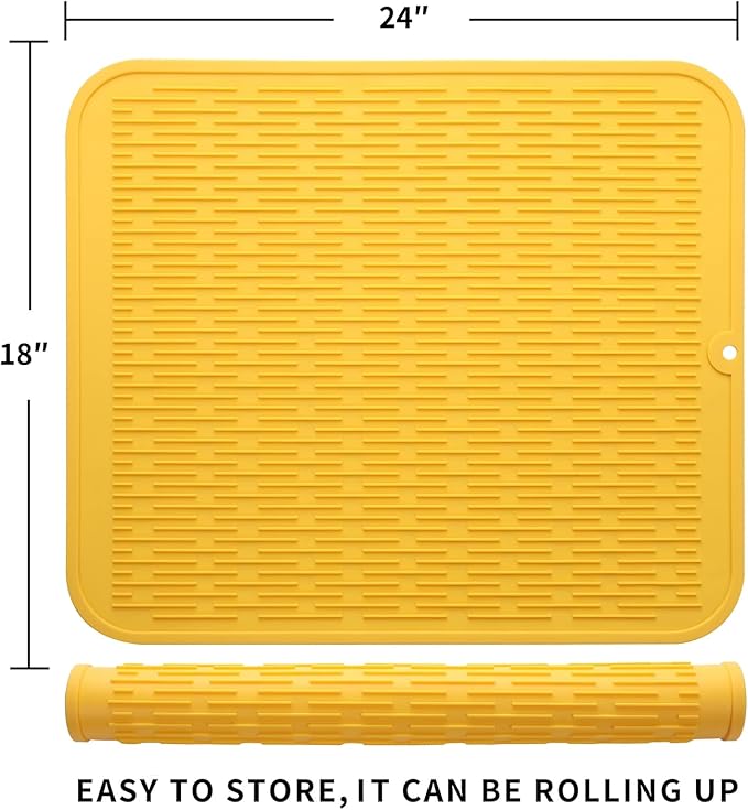 Silicone Dish Drying Mat for Multiple Usage,Easy clean,Eco-friendly,Heat-resistant Silicone Mat for Kitchen Counter or Sink,Refrigerator or Drawer Liner Yellow 2XL 24 inches x 18 inches - Bloomnest
