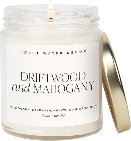 Sweet Water Decor Driftwood and Mahogany Soy Candle - Warm Mahogany, Fresh Lavender, Geranium, and Teakwood Scented Candles for Home - 9oz Clear Jar + Gold Lid, 40+ Hour Burn Time, Made in The USA - Bloomnest