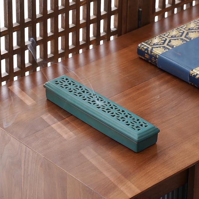CEREMONY Incense Holder,Ceramic Incense Holder for Sticks with Ash Catcher,Coffin Style Incense Box,Incense Burner for Meditation Yoga Spa Room Decor(Green)