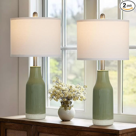 24.5" Ceramic Table Lamps Set of 2, Modern Farmhouse Bedside Lamps for Bedroom Nightstand, Small Light Green Lamp for Living Room End Table (2 LED Bulbs Included) - Bloomnest