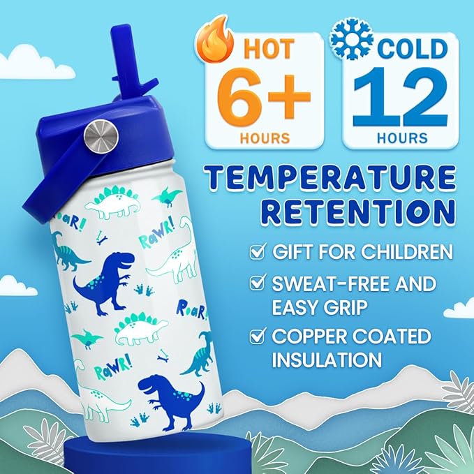 SANDJEST Dinosaur 12 oz Insulated Stainless Steel Water Bottle with Straw Lid - Thermos for Kids & Teens - School, Sports, Travel Cup - Bloomnest
