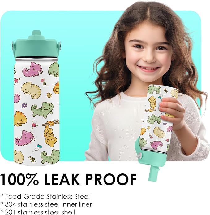 Axolotl Gifts for Girls - 16oz Green Axolotl Water Bottle with Straw Lid, Stainless Steel Insulated Tumbler, Leak Proof, for Boys, Sport, Travel, School - Animal Lovers Children Birthday Gift Cup(1pc) - Bloomnest
