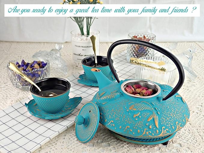 7PC Japanese Tea Set."Turquoise Koi" Cast Iron Tea Pot with 2 Tea Cups, 2 Saucers, Loose Tea Infuser and Teapot Trivet. Ceremonial Matcha Accessories