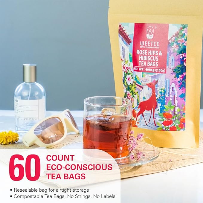 WT WEETEE Rosehips Hibiscus Tea Bags, Made with Rosehip & Hibiscus Flowers, Natural Caffeine-free Herbal Tea 2.5g x 60 Counts - Bloomnest