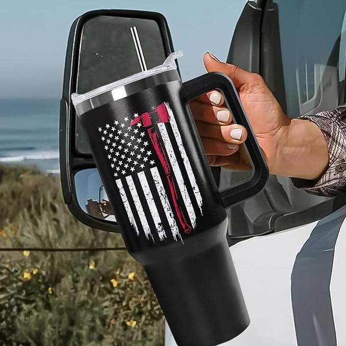 Ceovfoi Firefighter Gifts for Men,40 oz American Flag Tumbler with Handle Lid and Straw Stainless Steel Cups Mug, Firefighter Stuff Supplies Accessories - Bloomnest