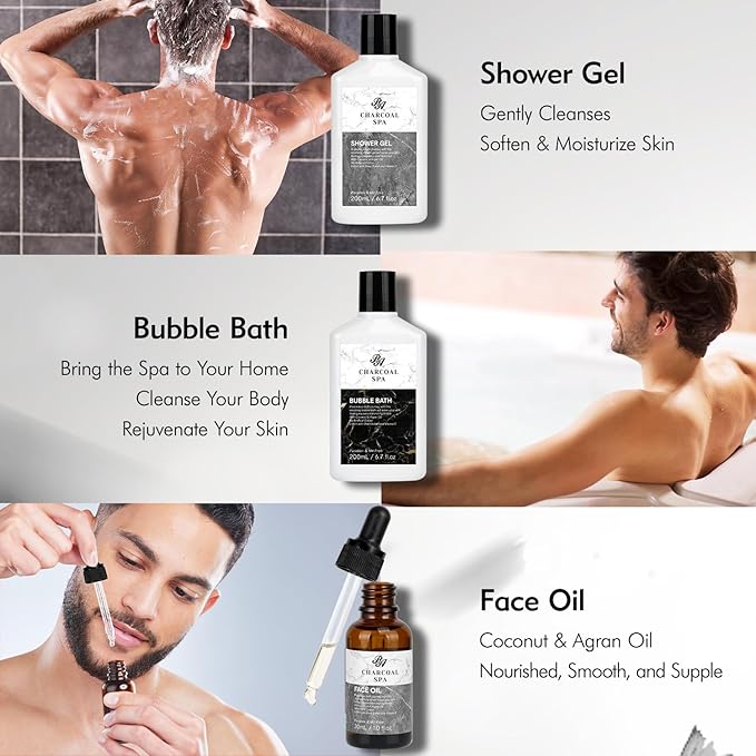 Valentines Day Gifts for Men & Women, 23pcs Bath and Body Gift Basket, Charcoal Luxury Home Spa Kit, Leather Bag, Face Oil, Birthday, Self Care Kit, Christmas, Holiday, Father's Day, Mother Day - Bloomnest