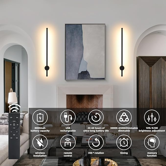 LED Wireless Wall Sconce with Remote Control, Dimmable/350° Rotate/Timing/USB Rechargeable Battery Powered Indoor Wall Lamps, 23.6 inch Black Wall Lights Set of Two for Hallway, Living Room, Bedroom - Bloomnest