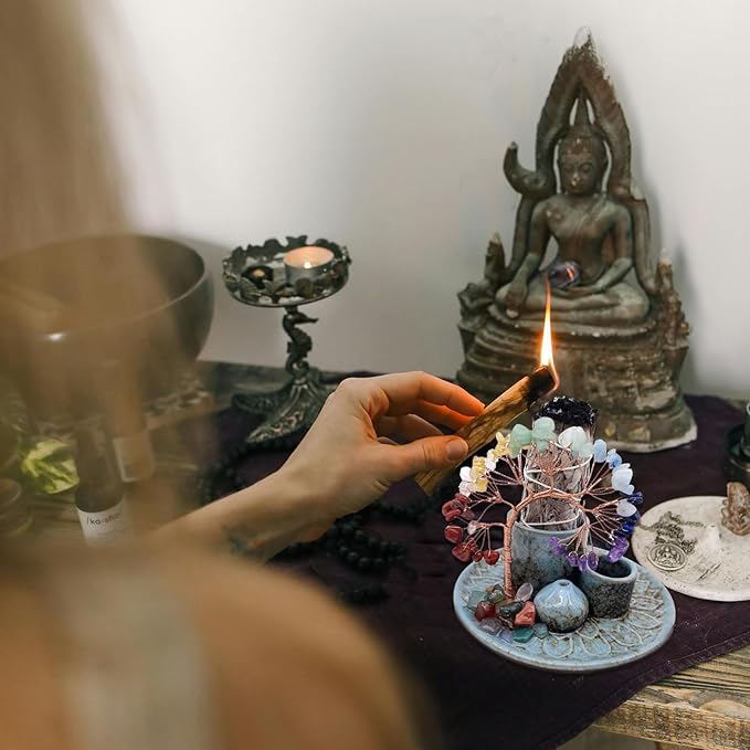 5 in 1 Incense Burner Holder with Crystal Healing Tree, Palo Santo Holder, Sage Holder, Incense Holder for Sticks/Cones/Candles, Ceramic Tray Ash Catcher for Burning Incense, Meditation Gift - Bloomnest