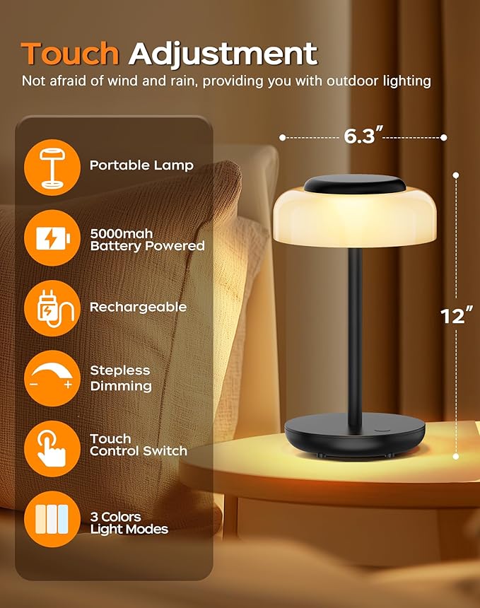 QiMH Battery Operated LED Table Lamp, 5000mAh Rechargeable Cordless Lamp, Stepless Dimmable Touch Control, Small Waterproof Desk Night Light for Living Room, Bedroom, Outdoor Bar (Black) - Bloomnest
