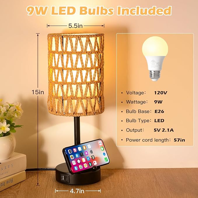 Rattan Table Lamps for Living Room, 3 Way Dimmable Touch Lamps, Small Bedside Lamps with LED Bulbs, Phone Stand, USB Ports and AC Outlet, Boho Nightstand Lamp for Kids Room, Bedroom, Office (2 Pack) - Bloomnest