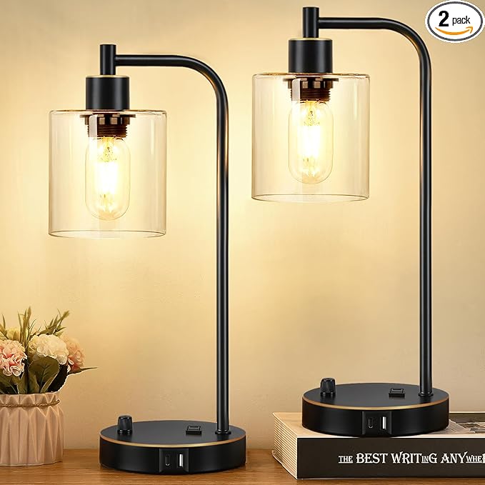 Set of 2 Black and Gold Industrial Table Lamps with USB Port, Fully Stepless Dimmable Bedside Lamps for bedrooms, Nightstand Desk Lamps with Clear Glass Shade for Reading Office 2 LED Bulb Included - Bloomnest