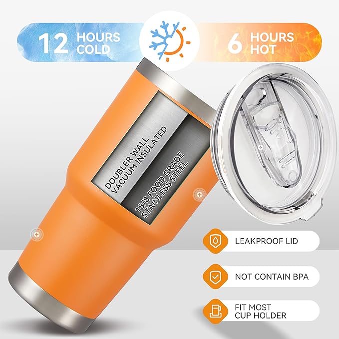30 oz Tumbler with Lid Stainless Steel Tumblers Bulk Vacuum Insulated Cup Reusable Powder Coated Travel Mug Double Wall Leak Proof Cups Keep Cold Drinks for 12 Hours Orange, Set of 12