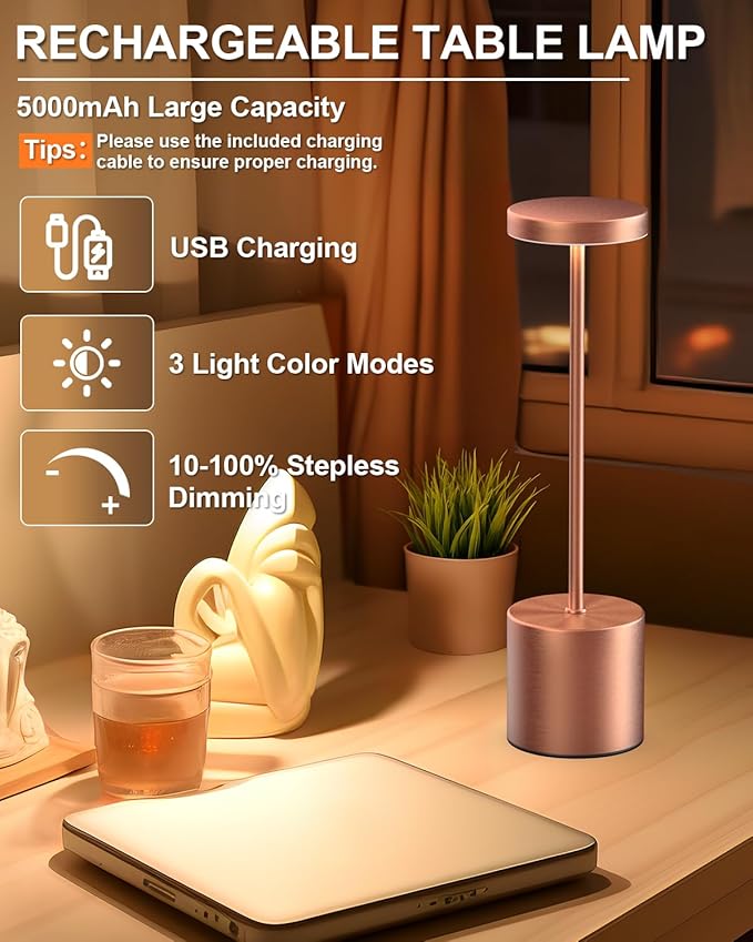 Cordless Table Lamps Rechargeable, Portable LED Desk Lamp, 5000mAh Battery Powered Wireless Table Light - 3 Color Dimmable Lighting for Restaurant Dining Patio Outdoor Bedroom(Rose Gold) - Bloomnest