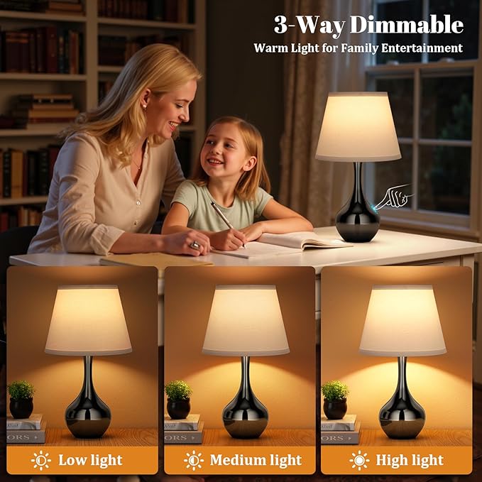 Seealle Touch Table Lamp for Bedroom, 3-Way Dimmable Small Bedside Lamps for Night Stands with Wires, Pearl-Black Desk Lamp for Kids Room, Office, Living Room, End Table(LED Bulb Included) - Bloomnest