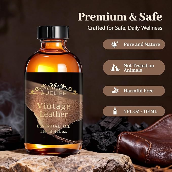 Auelife 4oz Vintage Leather Men Essential Oils for Diffusers for Home - Long Lasting Fragrance Oil for Candle & Soap Making, Father's Day Gifts for Him, Masculine Scent for Men Gift, 118ml Auelife