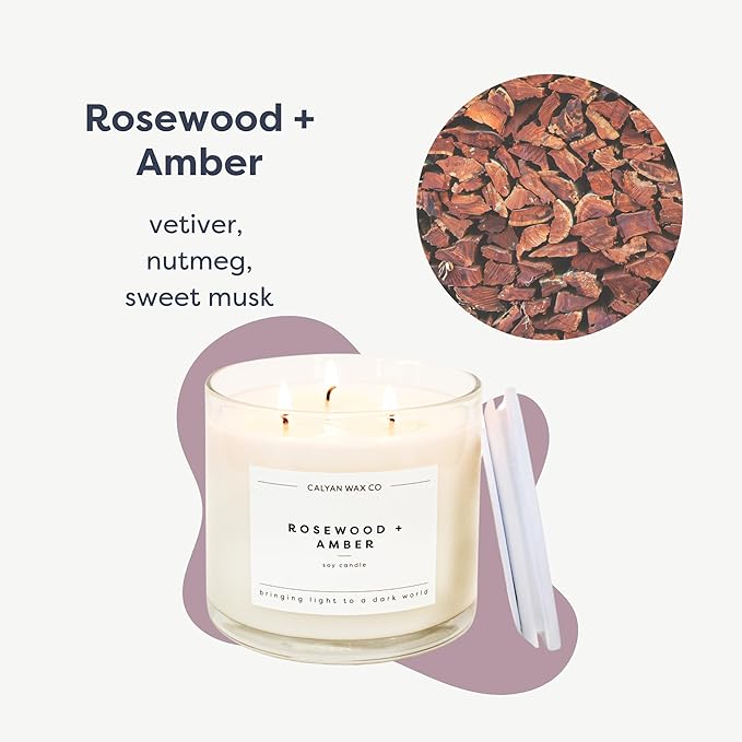 Calyan Wax Co. Rosewood & Amber 3 Wick Scented Candle - 43 Hour Burn - Luxury 3 Wick Soy Candles - Non Toxic Soy Wax Candles - Long Lasting Large Glass Jar Candle for Home - 14.9oz - Bloomnest