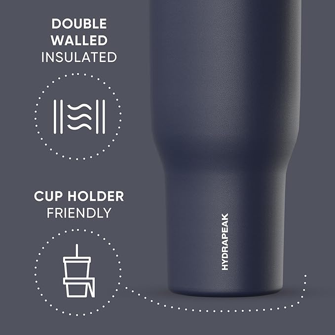 Hydrapeak Voyager 40 Oz Stainless Steel Tumbler with Handle, Insulated Water Bottle With Straw & Lid, Cupholder Friendly Reusable Travel Mug (Navy) - Bloomnest
