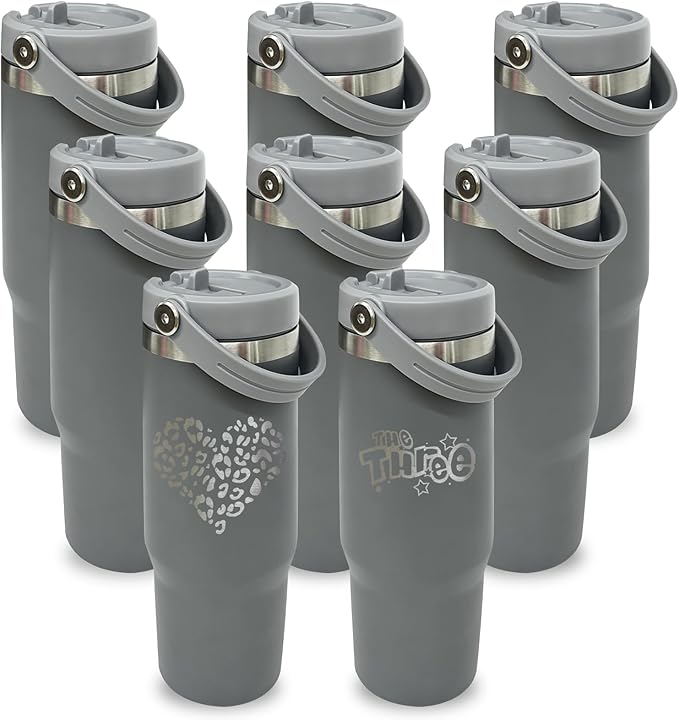 30 oz Tumbler Bulk with Top Handle, Double Wall Vacuum Insulated Tumbler with Flip Straw, Travel Coffee Mug 30oz Powder Coated Cup for Laser Engraving (Gray,8 pack)
