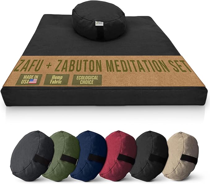 Meditation Cushion Mat Set HEMP - Round Zafu Floor Pillow Organic Buckwheat Pillow + Cotton Filled Zabuton Prayer Pad - Meditation Pillow Yoga Knee Pad - Made in USA - 14" Round, BLACK Hemp - Bloomnest