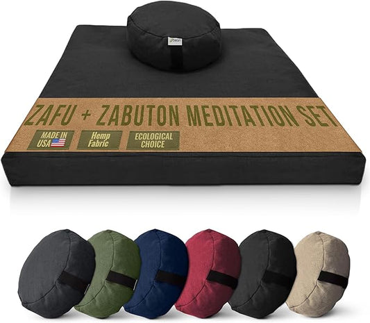 Meditation Cushion Mat Set HEMP - Round Zafu Floor Pillow Organic Buckwheat Pillow + Cotton Filled Zabuton Prayer Pad - Meditation Pillow Yoga Knee Pad - Made in USA - 14" Round, BLACK Hemp - Bloomnest