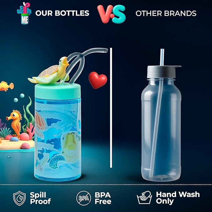 Kids Water Bottle, Toddler Cups, Tumbler with Lid and Straw, Travel Sippy Cup for Water or Milk, Kids Cups with Lids for Toddlers 3 and Up, BPA Free Plastic, 12 oz (Sealife Sea Turtle) - Bloomnest