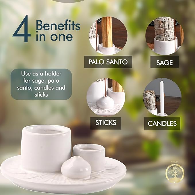 4-in-1 Palo Santo Holder, Sage & Incense Stick Burner – Ceramic White Ash Catcher Tray for Meditation, Yoga, Smudging & Spiritual Cleansing – Incense Holder for Sticks & Sage (White) - Bloomnest