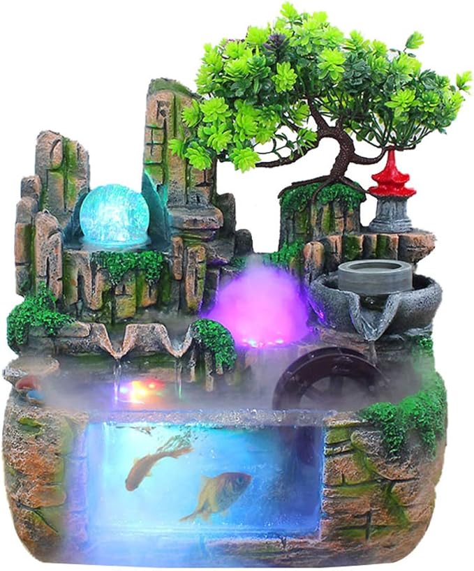 11.81" Creative Desktop Fountain Waterfall Bonsai w/LED Lights & Atomizer Tabletop Decor, Small Fish Tank Rockery Humidifier, Mini Rock Plant Artificial Bonsai Fountain Rockery for Office Home Decor - Bloomnest
