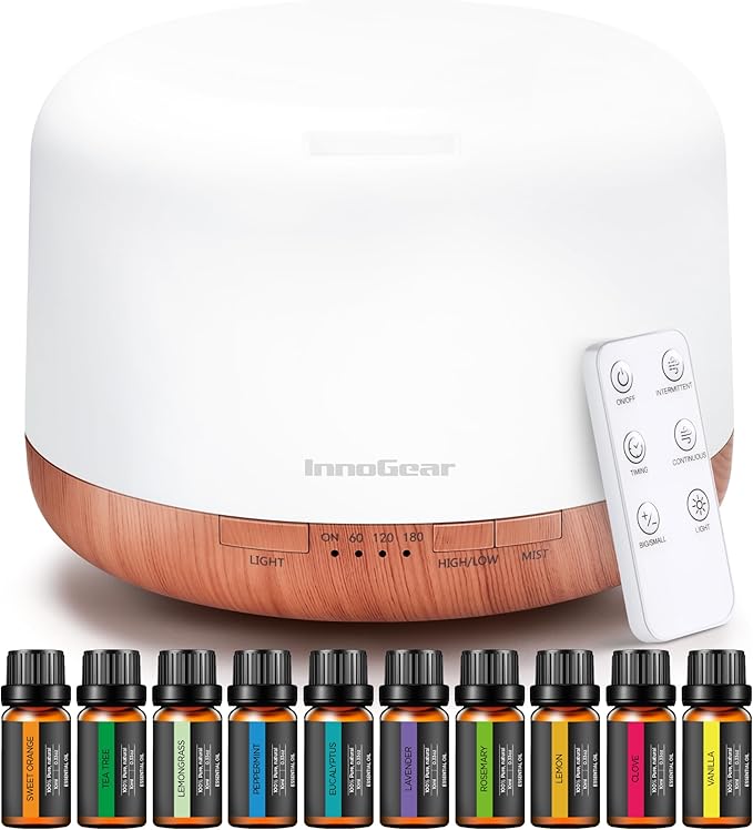 InnoGear Aromatherapy Diffuser & 10 Essential Oils Set, 500ml Essential Oil Diffuser with Remote Control Ultrasonic Cool Mist Scent Humidifier Vaporizer Auto-Off Timer for Room Office Home, Yellow - Bloomnest
