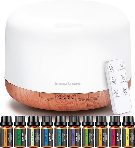 InnoGear Aromatherapy Diffuser & 10 Essential Oils Set, 500ml Essential Oil Diffuser with Remote Control Ultrasonic Cool Mist Scent Humidifier Vaporizer Auto-Off Timer for Room Office Home, Yellow - Bloomnest