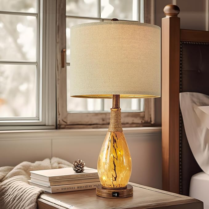 OYEARS 23" USB A+C Table Lamp for Bedroom Living Room Modern Bedside Lamps Retro Farmhouse Rattan Glass Nightstand Nightlight Lamps (Amber),Two Light Points - Bloomnest