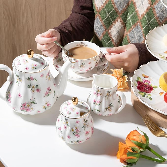 Porcelain Tea Sets British Royal Series, 8 OZ Cups & Saucer Service for 6, with Teapot Sugar Bowl Cream Pitcher Teaspoons and Tea Strainer, Suitable for High Tea, Wedding, Party（Spring Flowers） - Bloomnest
