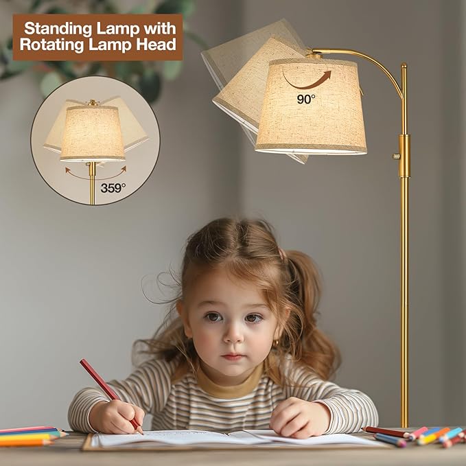 AIDENOEY Fully Dimmable Floor Lamp for Living Room，Standing Lamp Rotary Switch with Linen Beige Shade，Golden Tall Lamps for Bedroom with Adjust Head，9W LED Bulb Included - Bloomnest