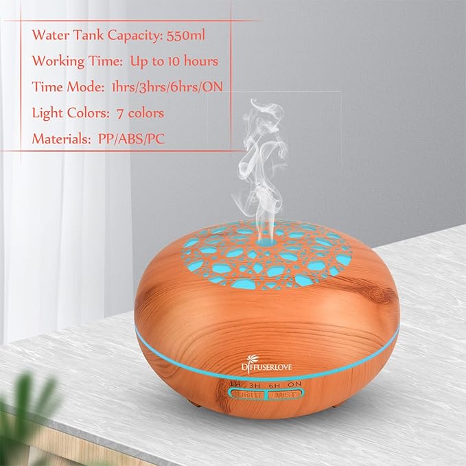 Diffuserlove Essential Oil Diffuser 550ML Diffuser Remote Control Wood Grain Aroma Diffuser Cool Mist Humidifier with 4 Timer, 7 Color LED Lights, Auto Shut-Off for Home Bedroom Office - Bloomnest