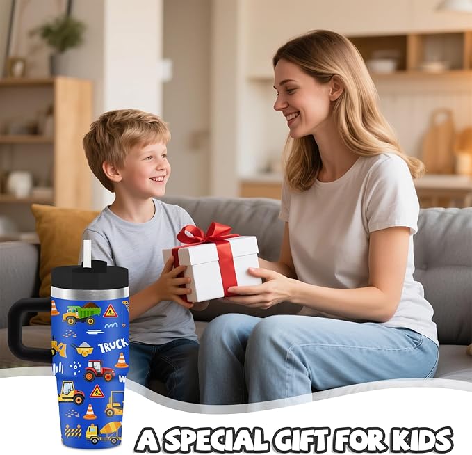Construction Tumbler with Handle Straw for Kids 14oz, Insulated Stainless Steel Cup for Boys, Birthday Christmas Back to School Gifts for Kids Boys - Bloomnest