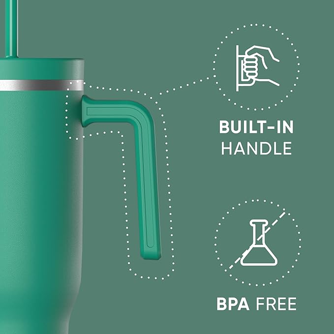 Hydrapeak Voyager 40 Oz Stainless Steel Tumbler with Handle, Insulated Water Bottle With Straw & Lid, Cupholder Friendly Reusable Travel Mug (Kelly Green) - Bloomnest