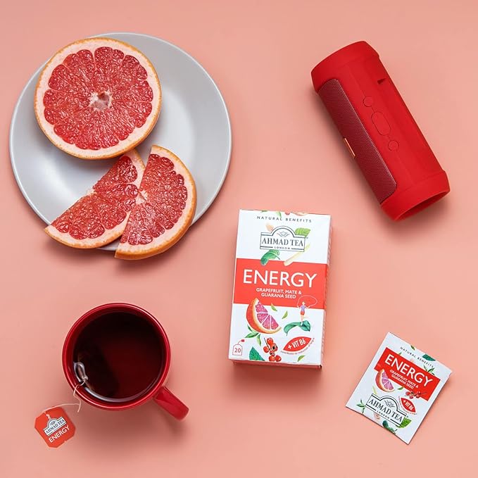 Ahmad Tea Herbal Tea, Grapefruit, Mate, Guarana Seed, & Vitamin B6 'Energy' Natural Benefits Teabags, 20 ct (Pack of 1) - Caffeinated & Sugar-Free - Bloomnest