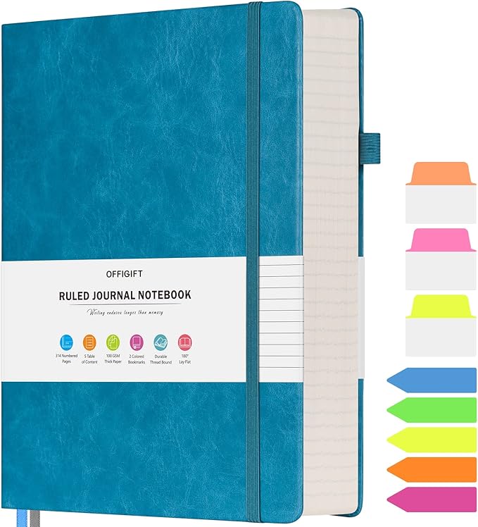 Lined Journal Notebook, Large A5 College Ruled Notebook, 312 Numbered Pages Work Notebook with Index Stickers, 100gsm Thick Paper, Hardcover Vegan Leather Journal for Women Men School Office, Blue - Bloomnest