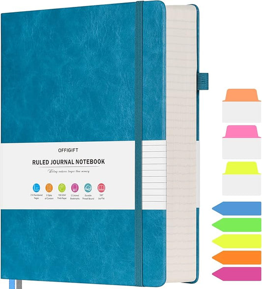 Lined Journal Notebook, Large A5 College Ruled Notebook, 312 Numbered Pages Work Notebook with Index Stickers, 100gsm Thick Paper, Hardcover Vegan Leather Journal for Women Men School Office, Blue - Bloomnest