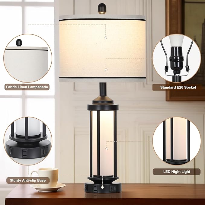Table Lamps for Living Room Set of 2, Black Farmhouse Rustic Industrial Table Lamp with USB A+C Charging Ports & AC Outlet, 27" Modern Table Lamps with LED Night Light & Linen Fabric Lampshade - Bloomnest