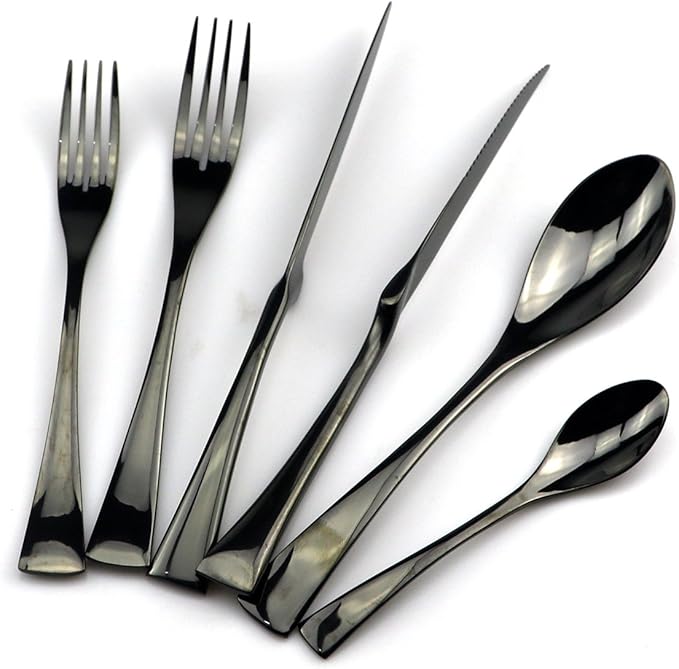 JASHII 18/10 Stainless Steel 24 Piece Mirror Polished Black Flatware Set,Dinner Knife Steak Knife Salad Fork Dessert Coffee Spoon，Service for 4 ，Black Utensil Sets - Bloomnest