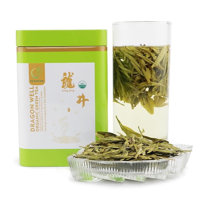 EFOOFAN Organic Dragonwell Green Tea Loose Leaf, 3.53oz/100g, USDA/EC Certified, 2nd Pick/YuQian Chinese Tea Leaves, Longjing Cha - Bloomnest