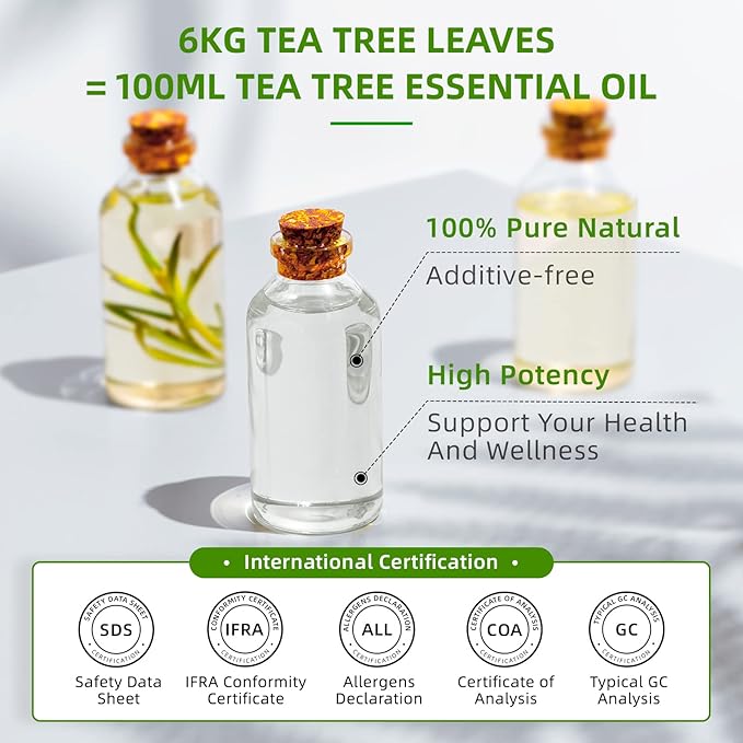 HIQILI Tea Tree Oil 32 Fl Oz, for Skin, Hair, Nail, Diffuser, Soap Making, Includes Four Portable Decanters - Bloomnest