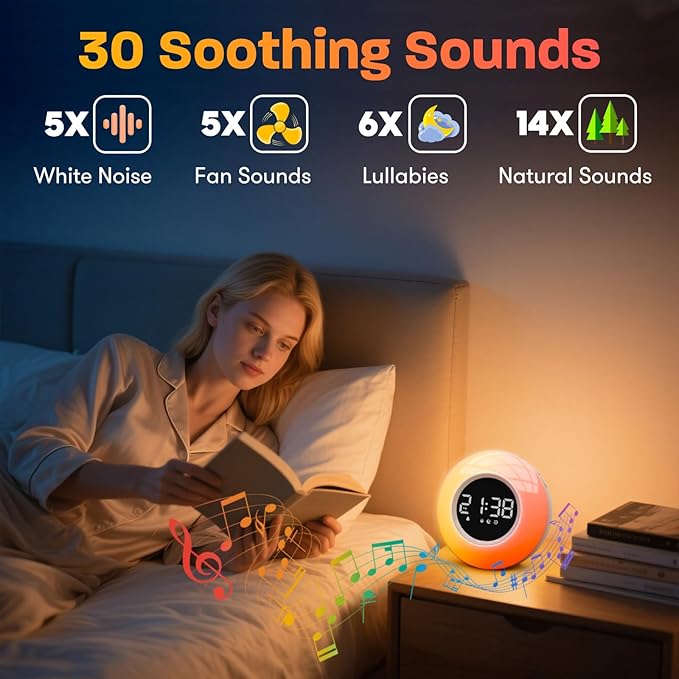 White Noise Sound Machine with 30 Soothing Sounds & 12 Colors Light, Sunrise Alarm Clock Wake Up Light, Adjustable Volume & Night Light, Timer, Ideal for Adults, Kids, Heavy Sleepers