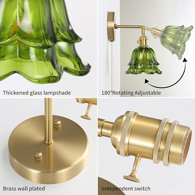 Vintage Plug in Wall Sconces Set of 2, Rose Green Lampshade & 180 Degree Adjustable, Brass Wall Lights, for Bedroom Living Room Hallway Aisle, Bulbs Not Included, ETL Listed - Bloomnest