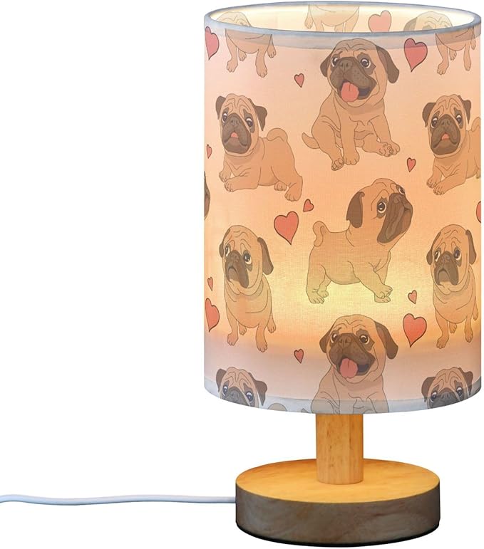 Table Lamp Pugs Puppies Heart Nightstand Lamp with Wood Base Fabric Lamp Shade Bedside Desk Lamp for Living Room Bedroom Kids Room Office - Bloomnest