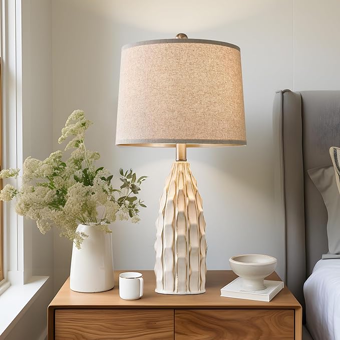 Ceramic Table Lamps Set of 2, 23.75" Modern Farmhouse Bedside Lamp - Cream Nightstand Lamps for Bedroom, Boho Living Room End Tables, Small Office Desk Lamp Decor - Bloomnest